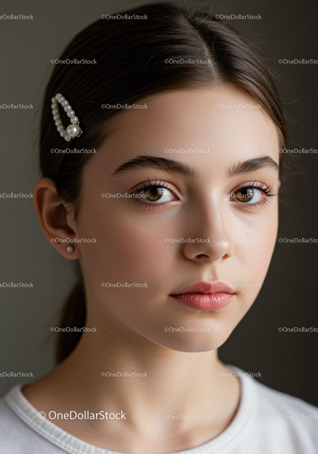 Elegant Young Woman with Pearl Hair Clip and Natural Makeup