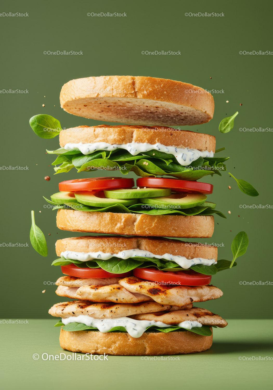 Tall grilled chicken sandwich with fresh vegetables