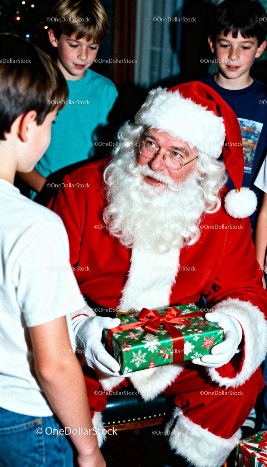 Santa Claus Giving Christmas Gift to Excited Children