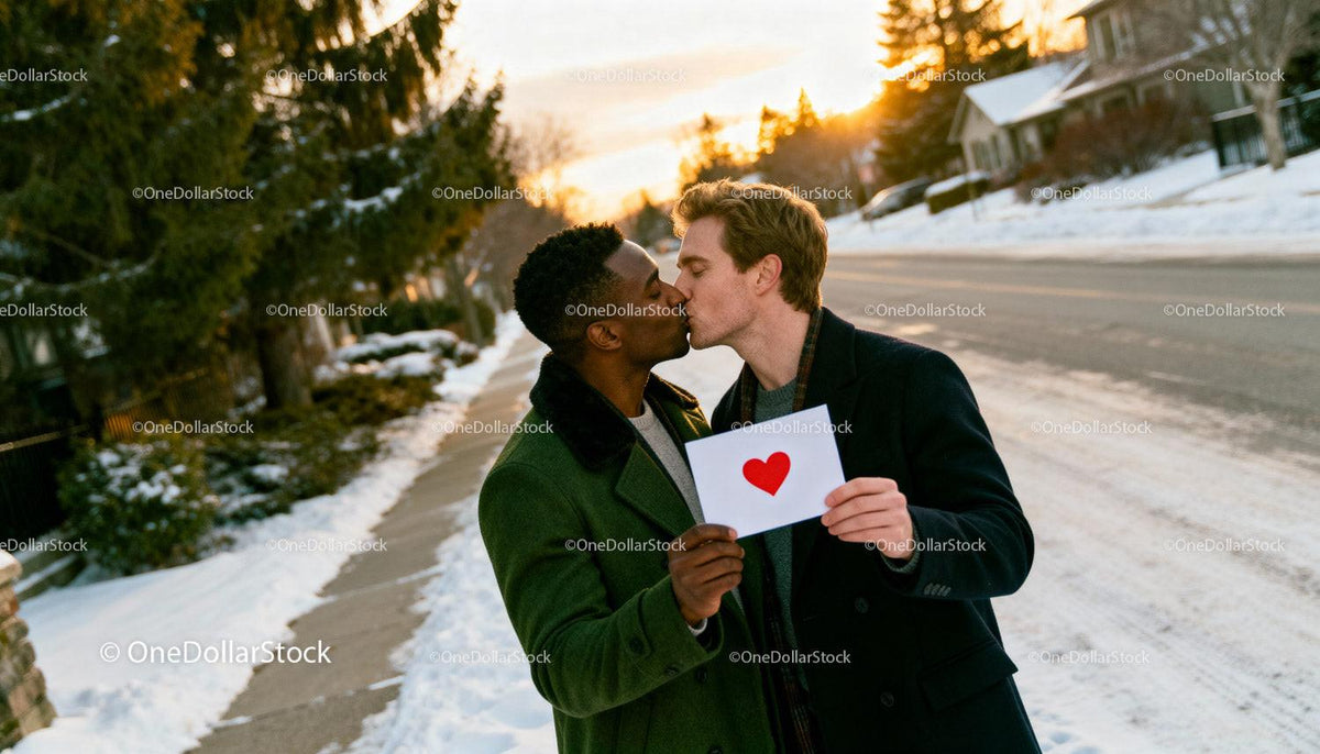 Couple sharing affectionate kiss outdoors on winter street
