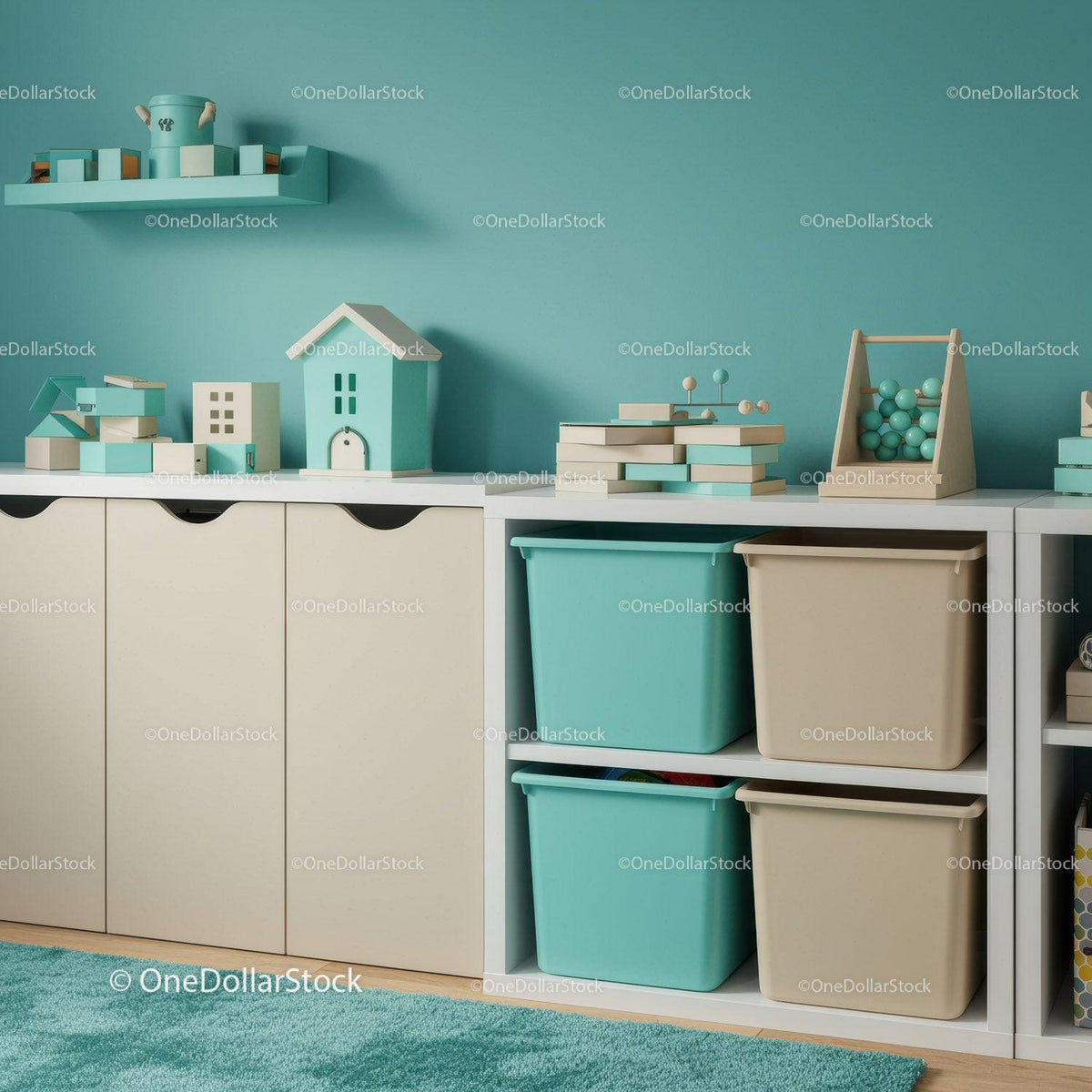 Colorful Toy Storage Shelves and Bins in Children's Playroom