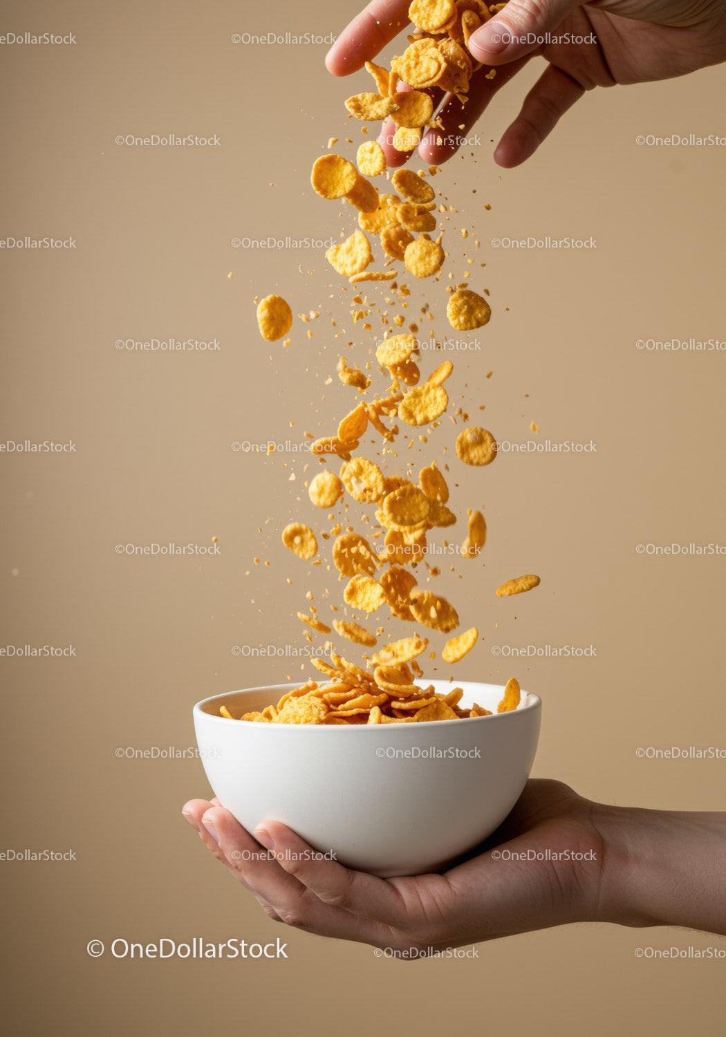 Pouring cornflakes into white bowl held by hand