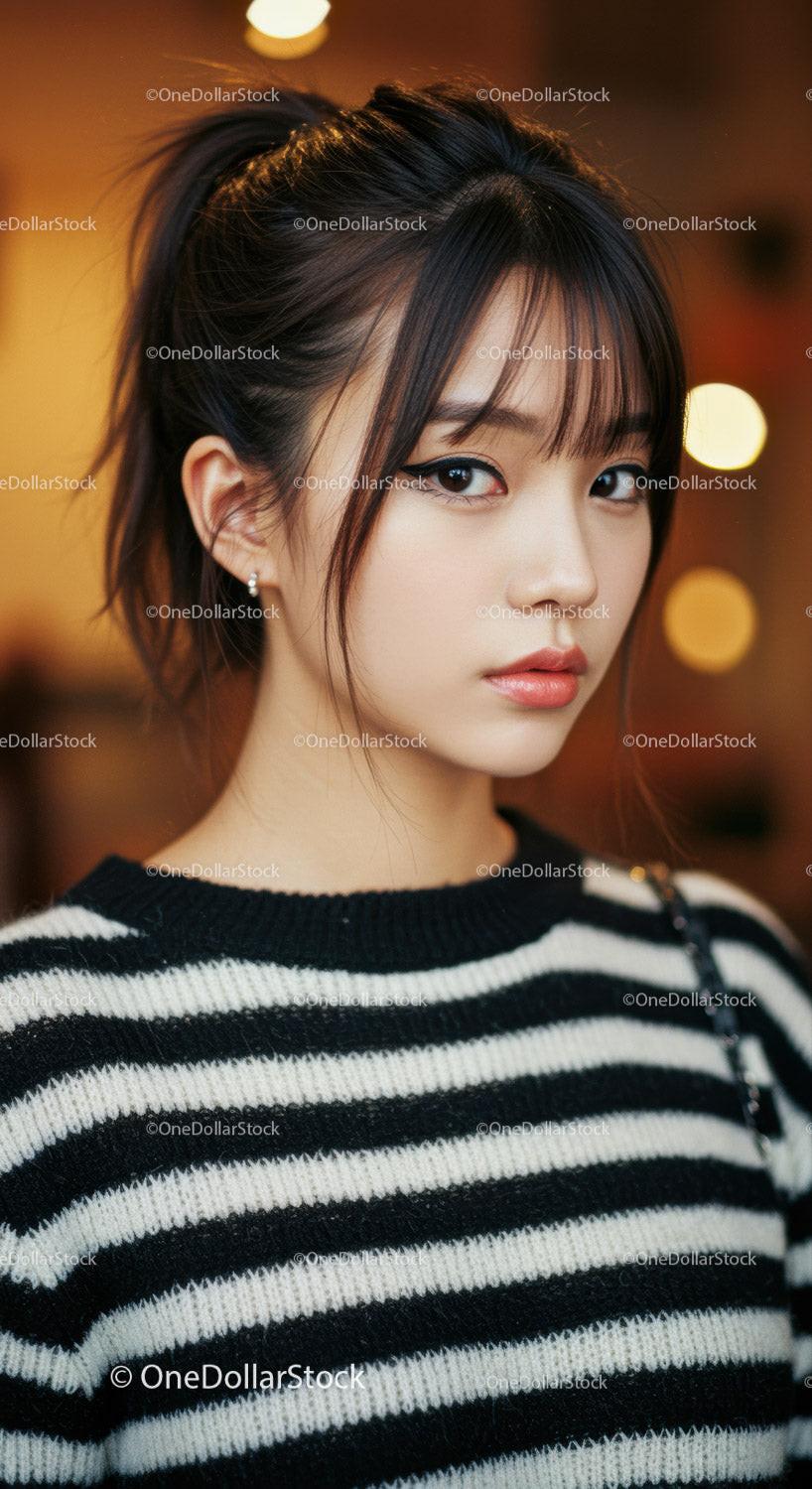 Stylish Young Woman in Black and White Striped Sweater with Fashionable Hair