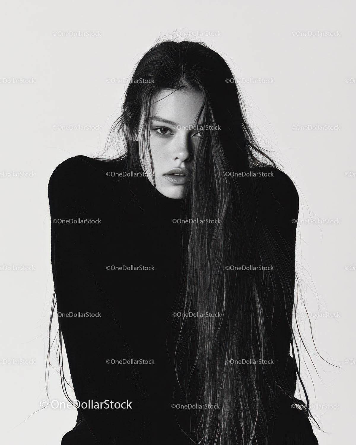 Black and White Portrait of a Woman with Long Hair and Intense Expression