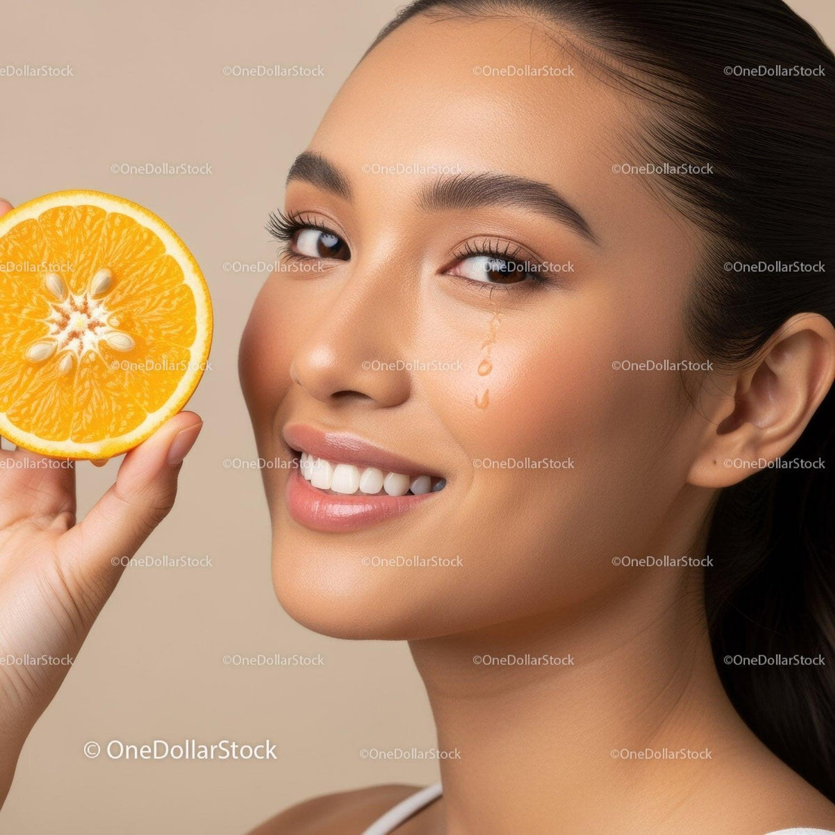 Bright Smiling Woman with Orange Slice Promoting Natural Beauty and Wellness