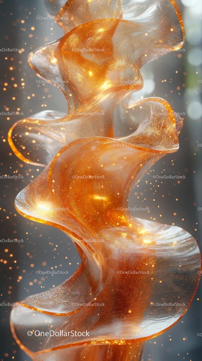 Abstract Fluid Sculpture with Glowing Gold Ribbons and Sparkling Particles
