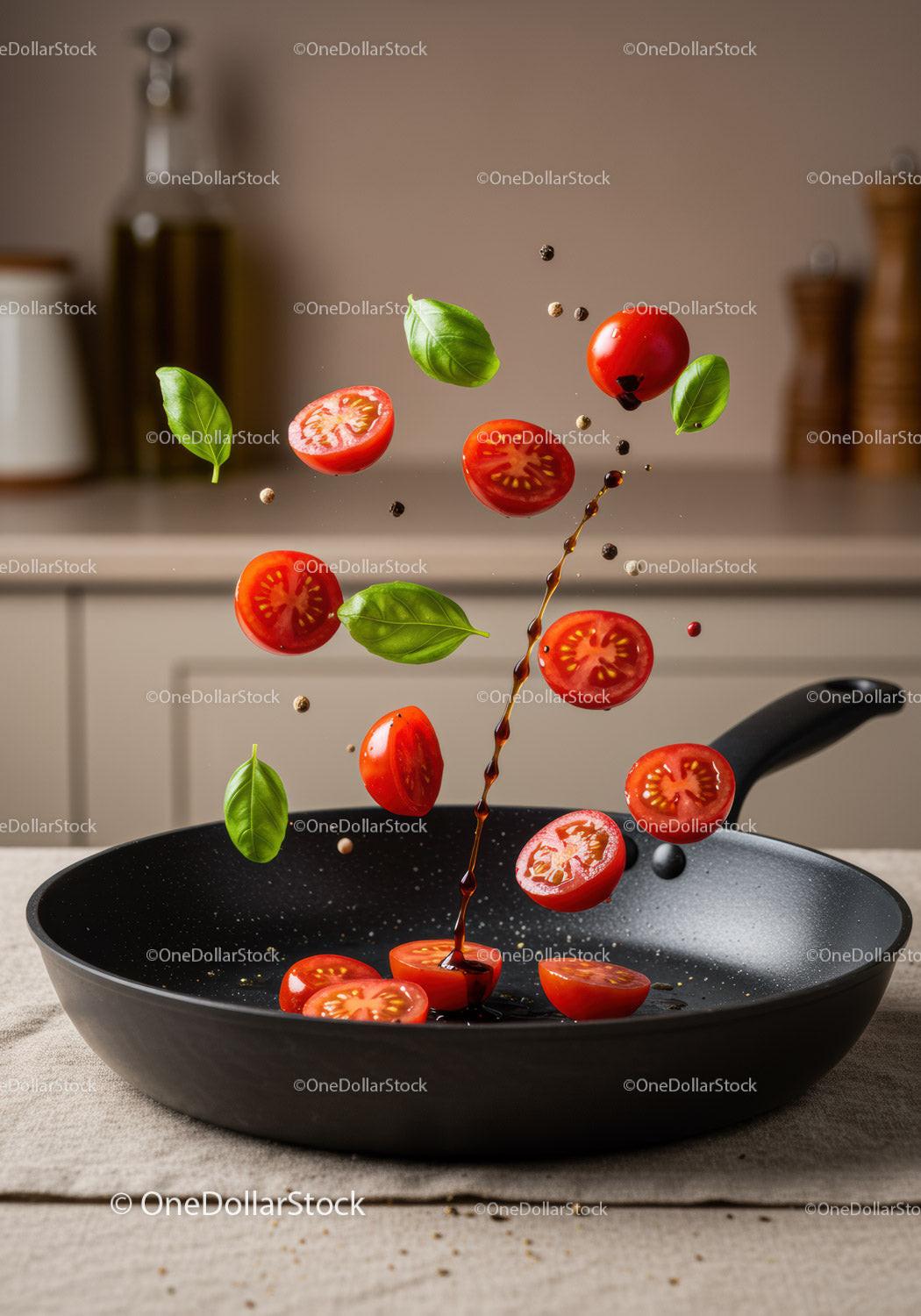 Fresh cherry tomatoes and basil leaves falling in pan