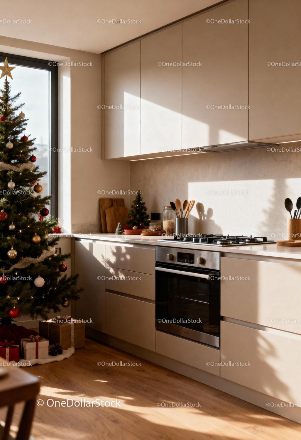 Cozy modern kitchen with decorated Christmas tree and gifts