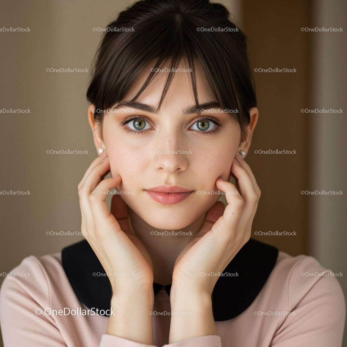 Young Woman with Bright Green Eyes and Natural Makeup in Close-Up