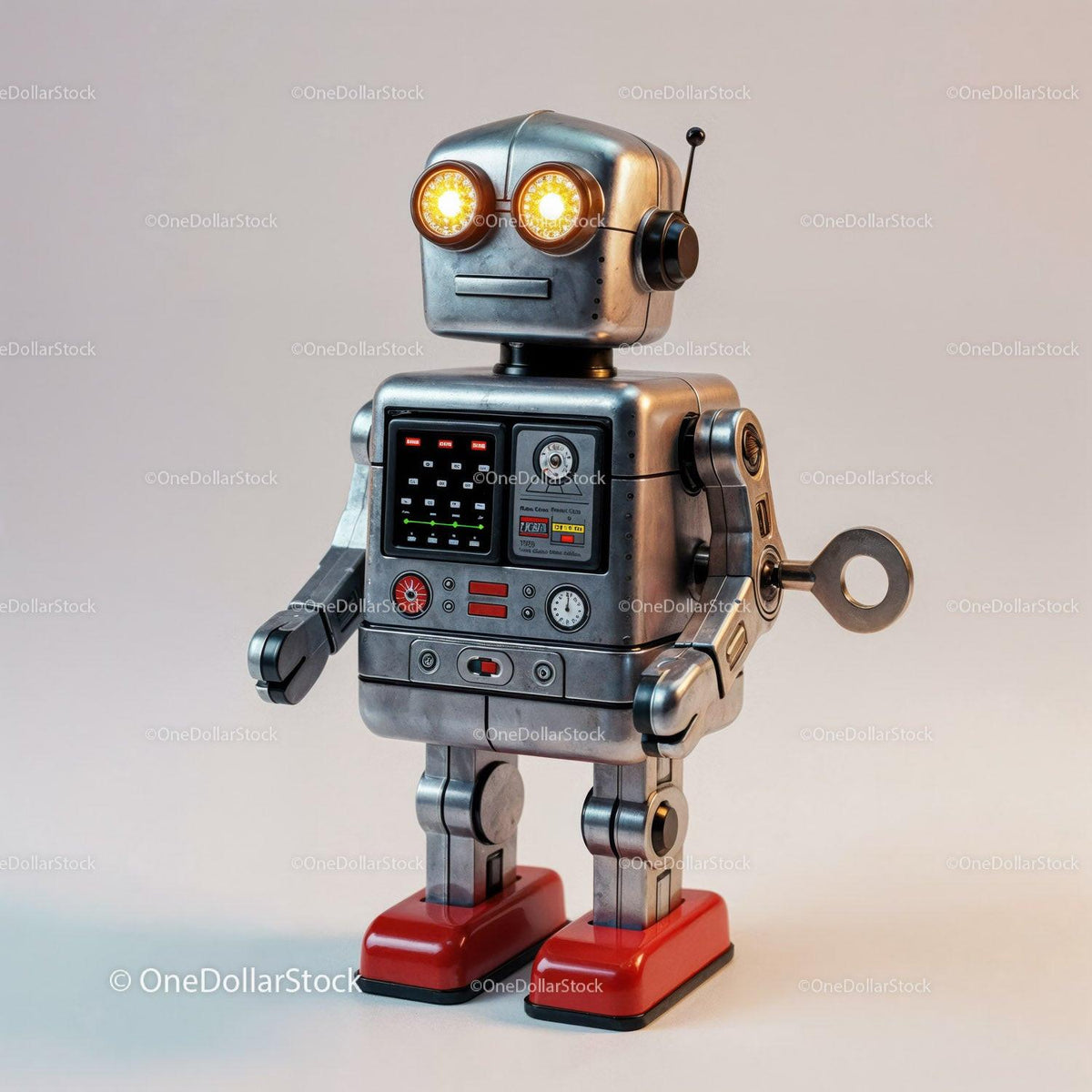 Vintage metal toy robot with glowing eyes and wind-up key on red feet