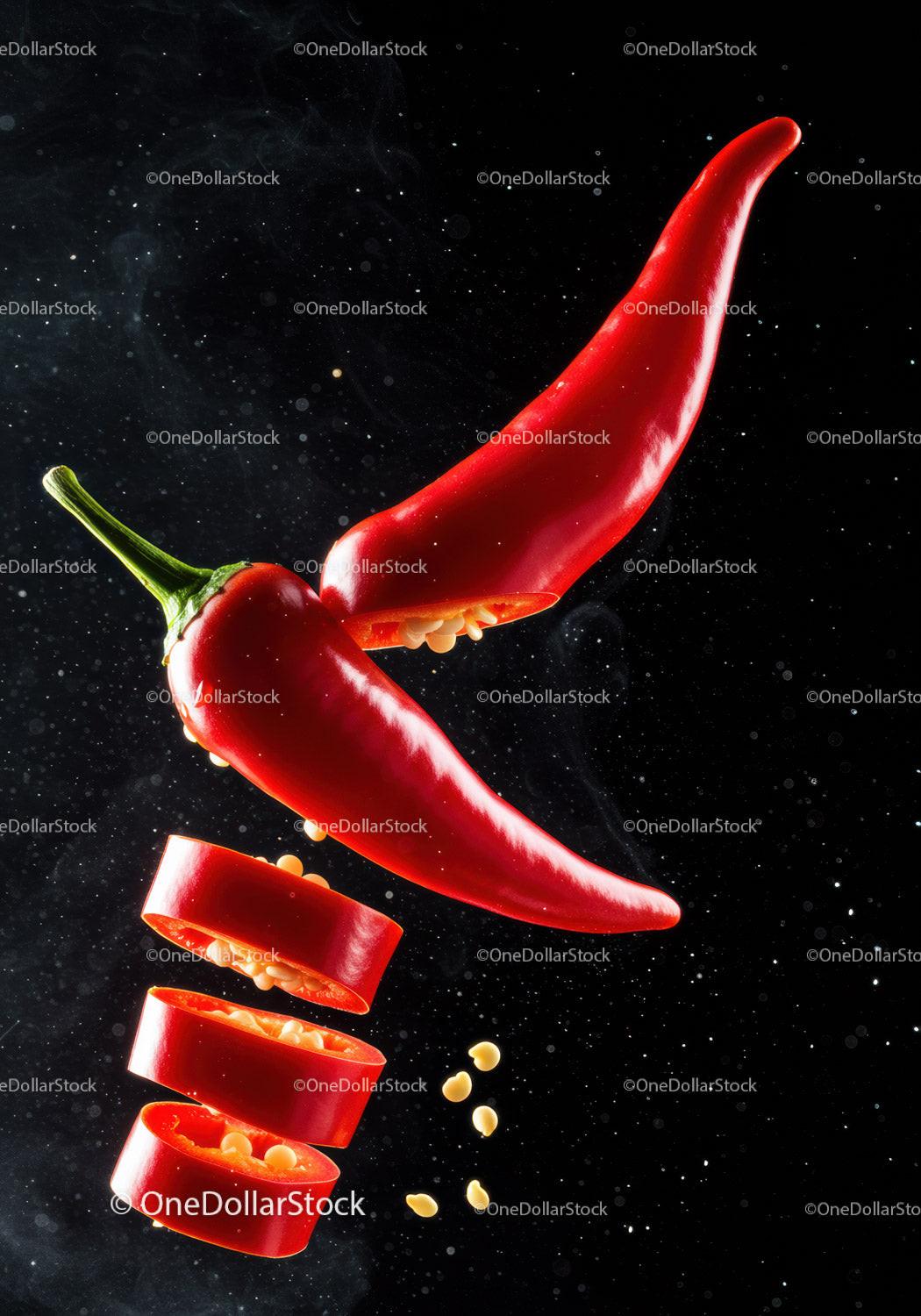 Sliced red chili peppers with scattered seeds on black