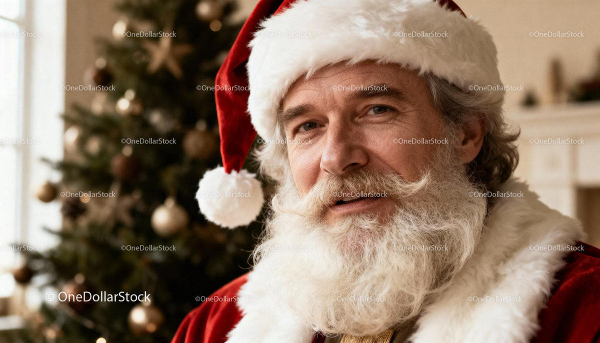 Smiling mature man dressed as Santa Claus near Christmas tree