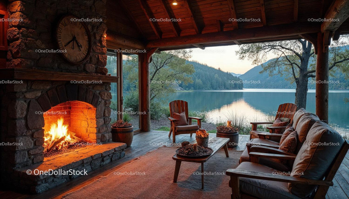Rustic Cabin Porch with Firepit and Scenic River View Stock Photo Bundle preview 9