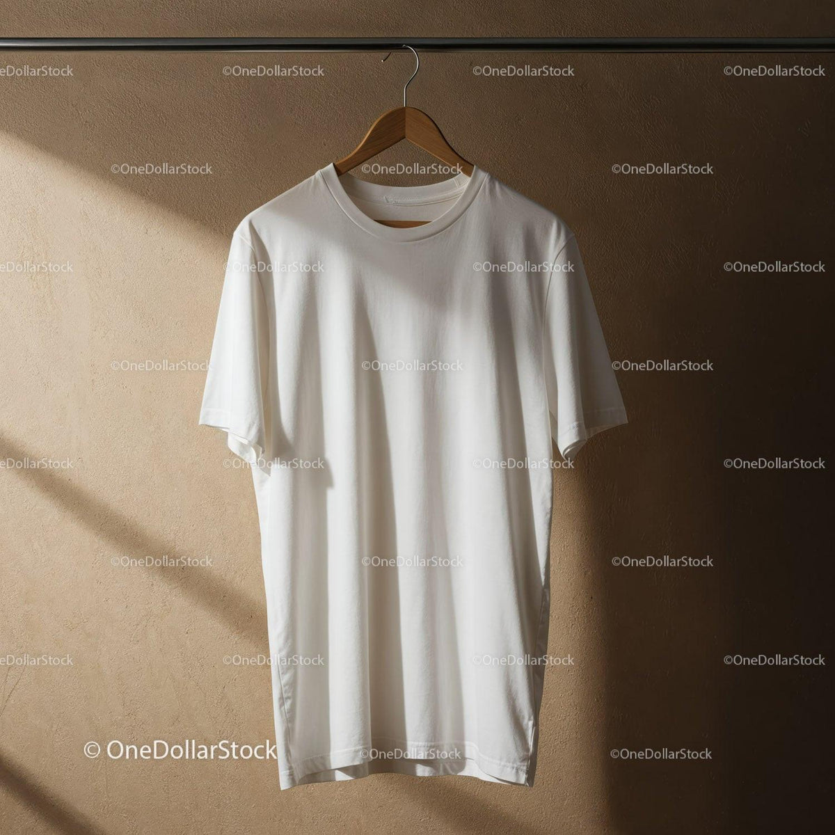 Minimalist White T Shirt Hanging on Wooden Hanger JPG Mockup Image preview
