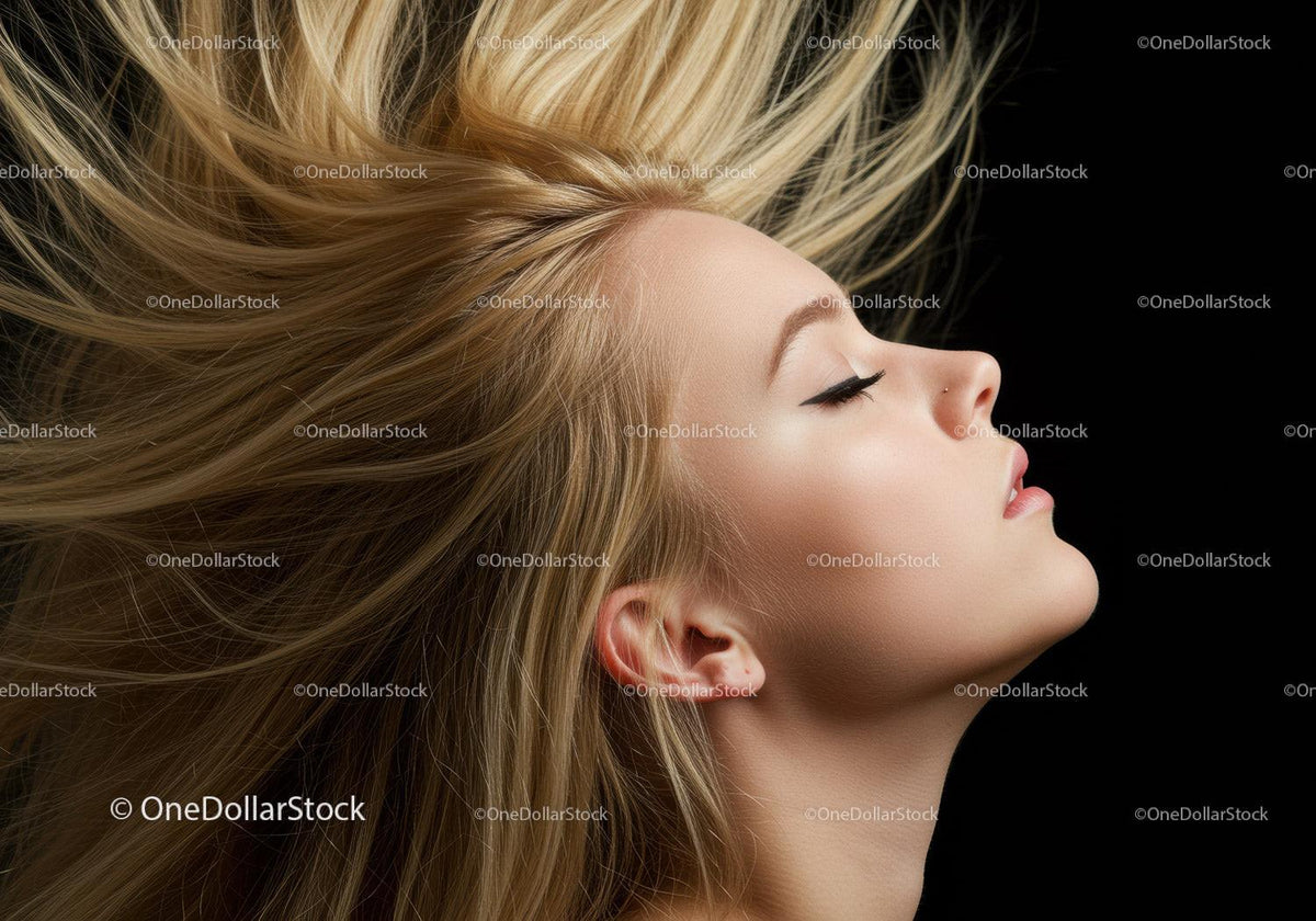 Blond woman with flowing hair and closed eyes profile