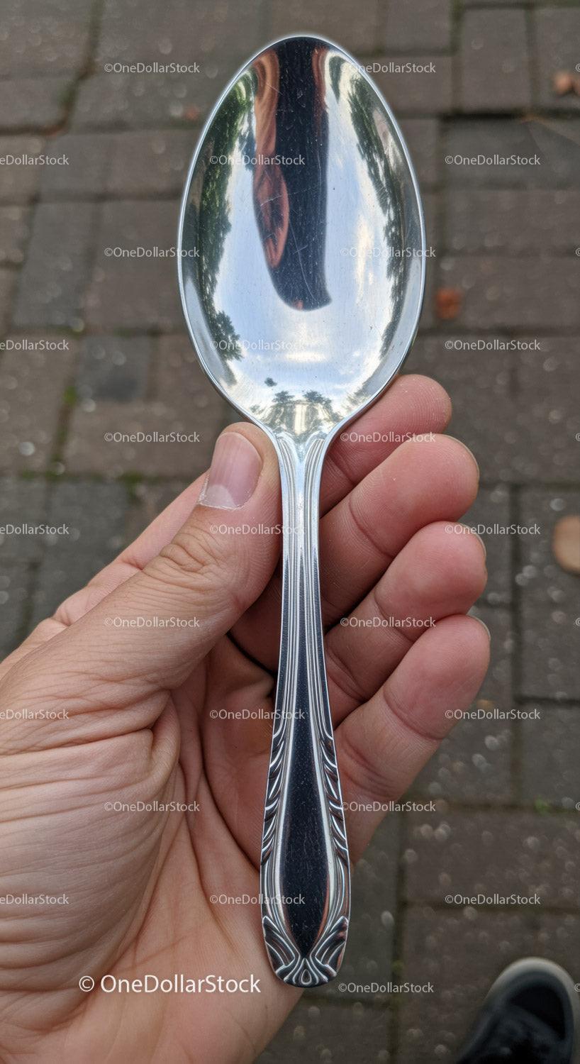 Hand holding silver ornate metal spoon outdoors