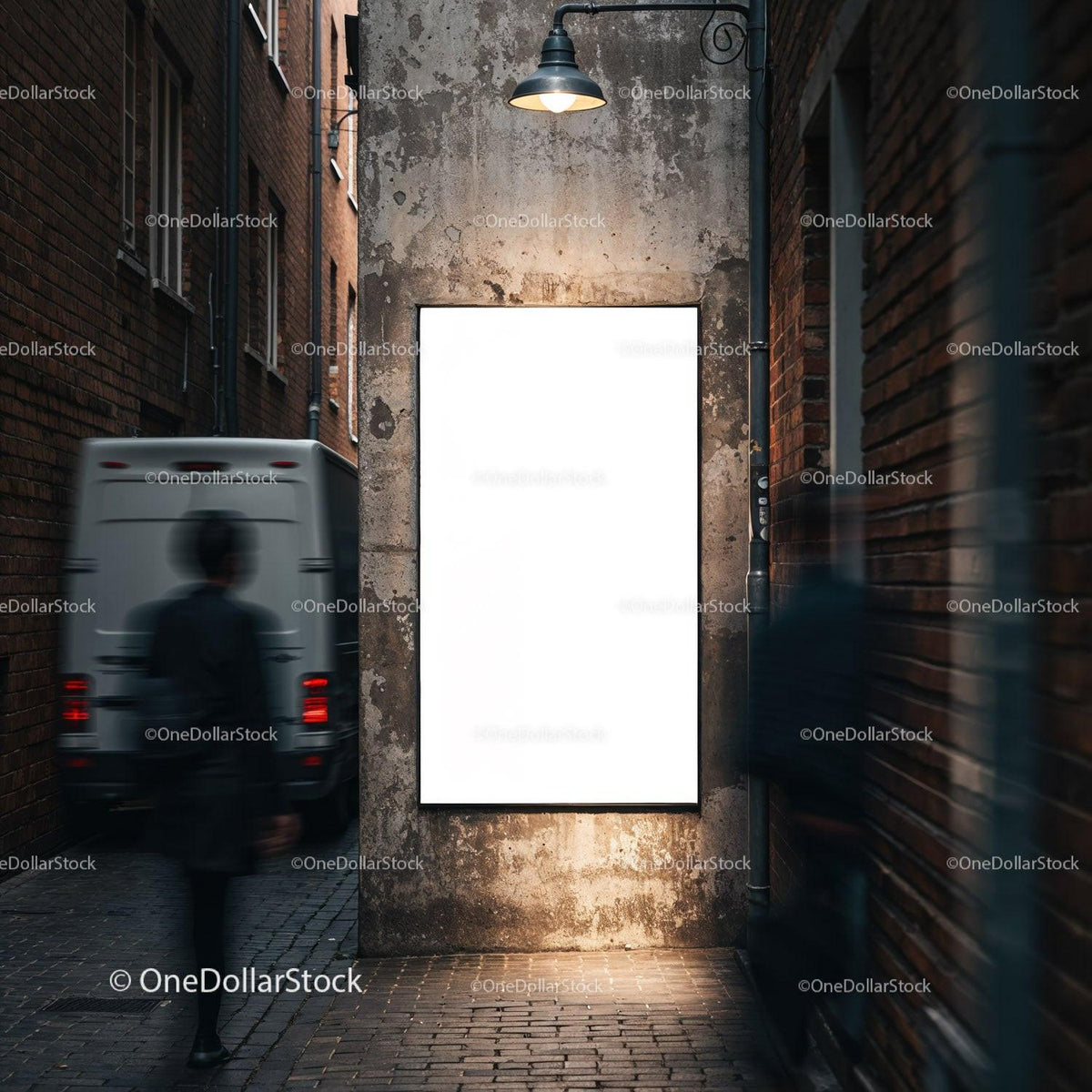 Empty illuminated poster in narrow urban alley at dusk JPG Mockup Image preview