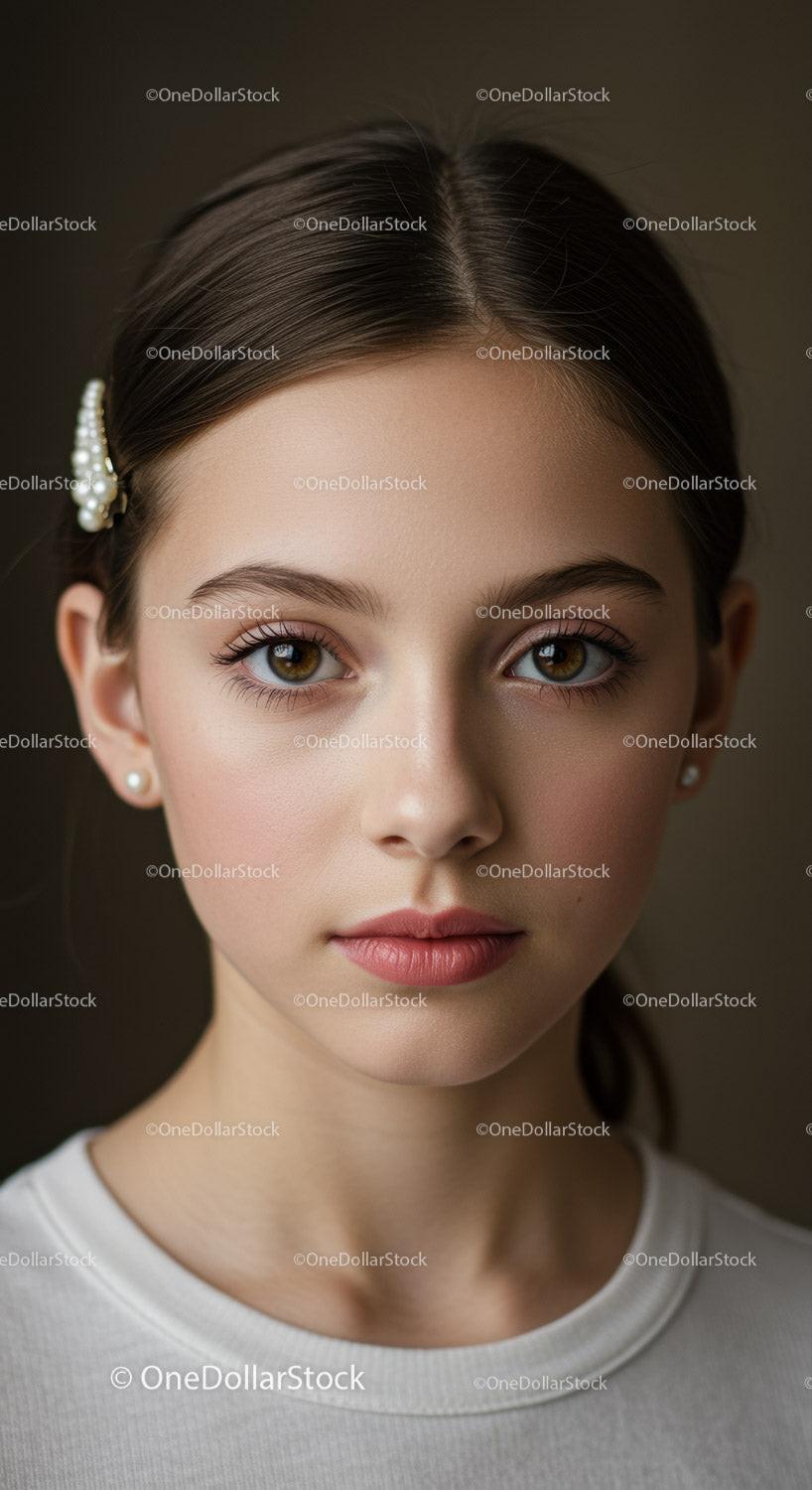 Elegant Young Woman with Brown Hair and Pearl Hair Accessory