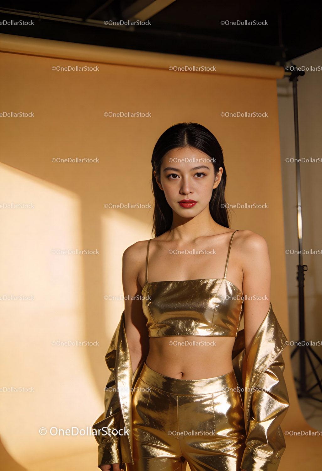 Young woman in stylish gold metallic outfit posing indoors
