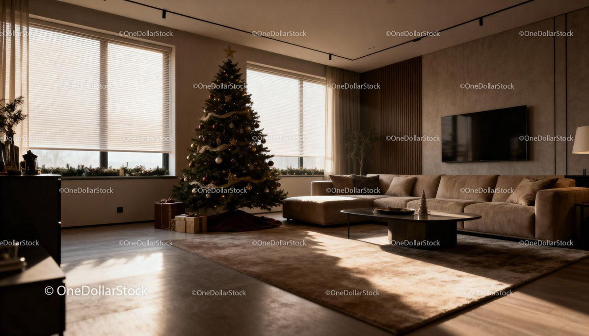 Modern Living Room with Elegant Christmas Tree Decor