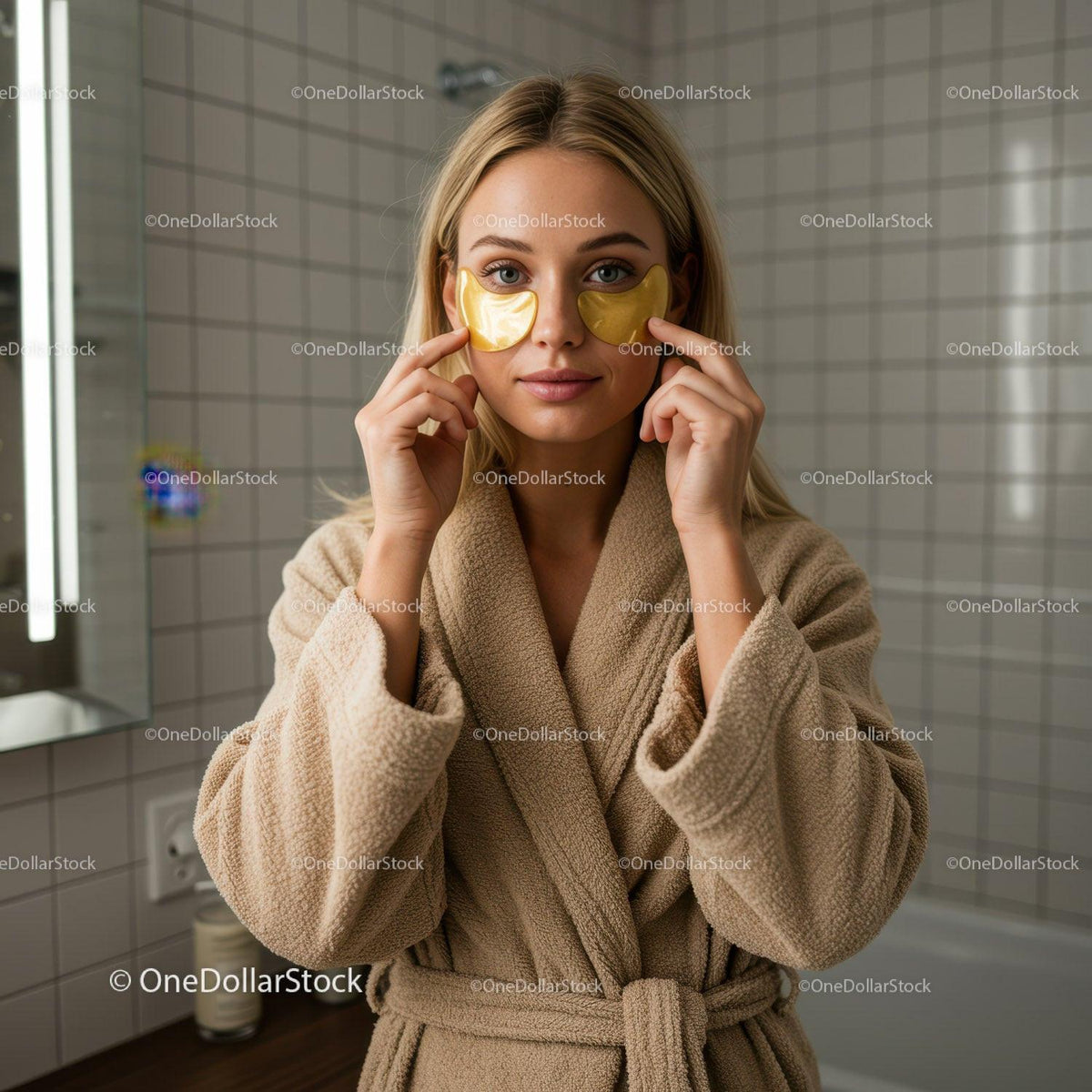Woman Applying Gel Facial Masks in Bathroom for Skincare Routine