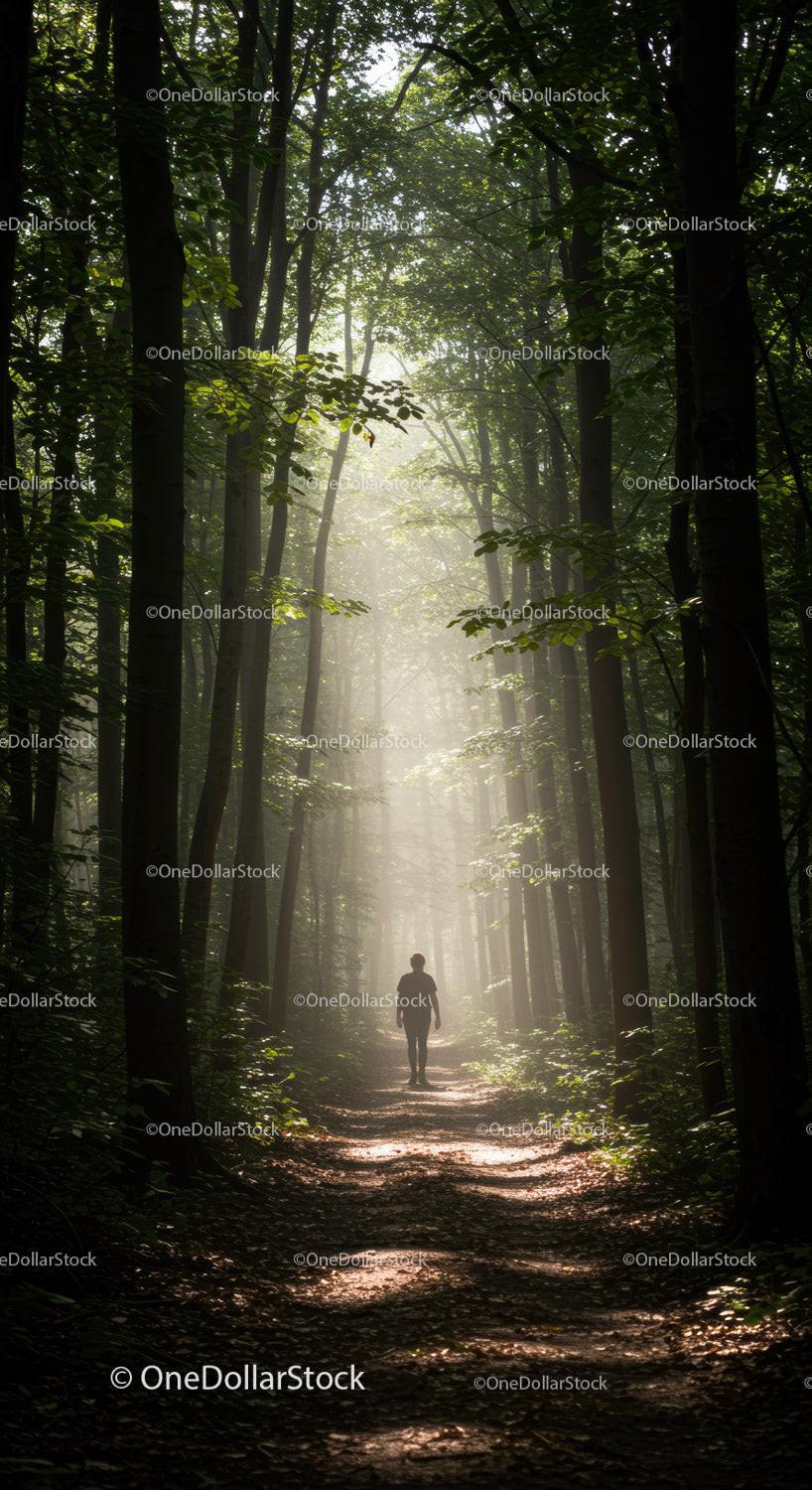 Solitary hiker walking through sunlit forest path