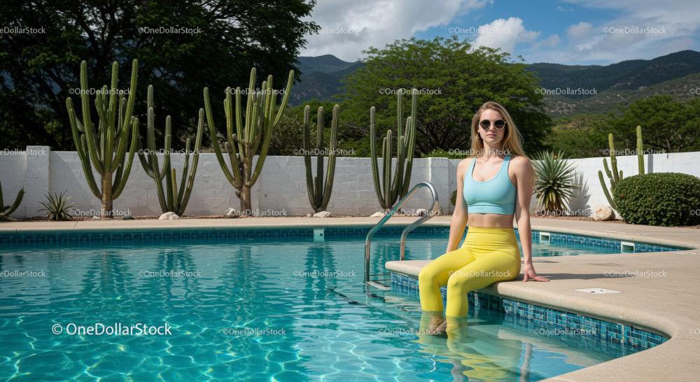 Trendy Young Woman Relaxing by the Vibrant Swimming Pool Stock Photo Bundle preview 6