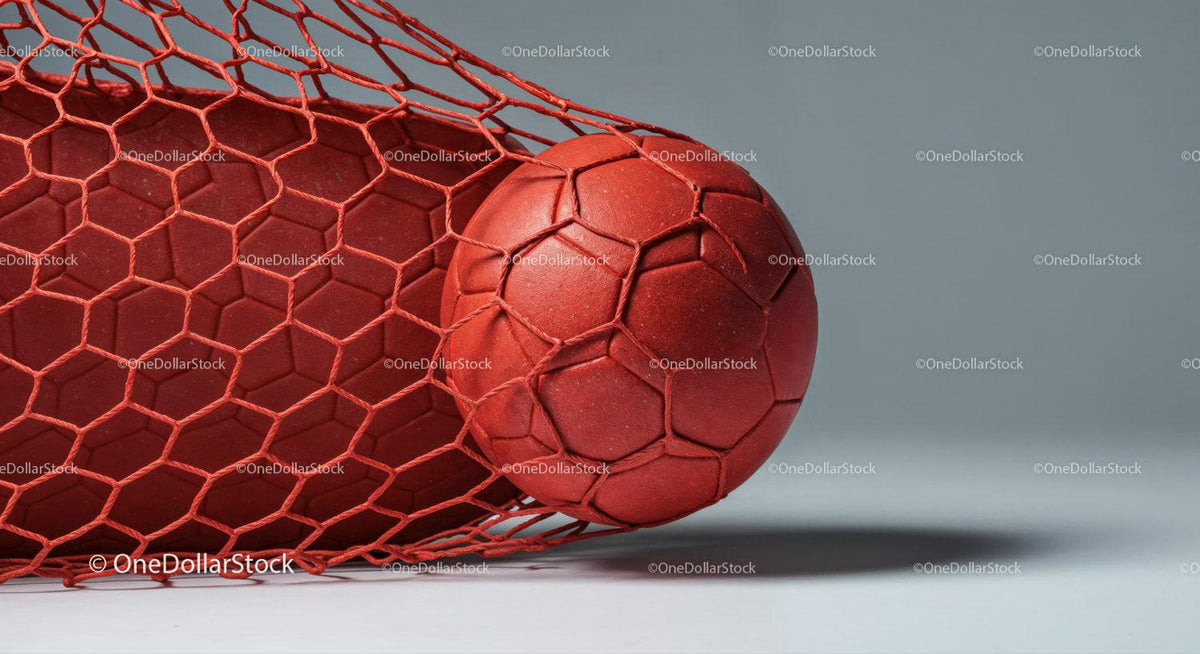 Red Soccer Ball in Net on Gray Background for Sports and Recreation
