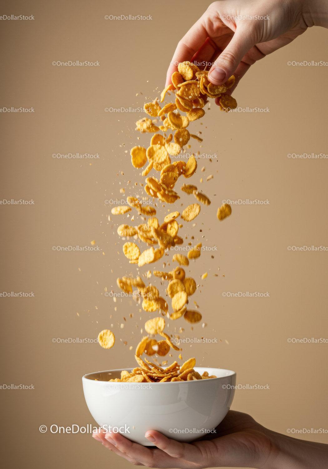 Hand Pouring Crunchy Cornflakes Into White Bowl