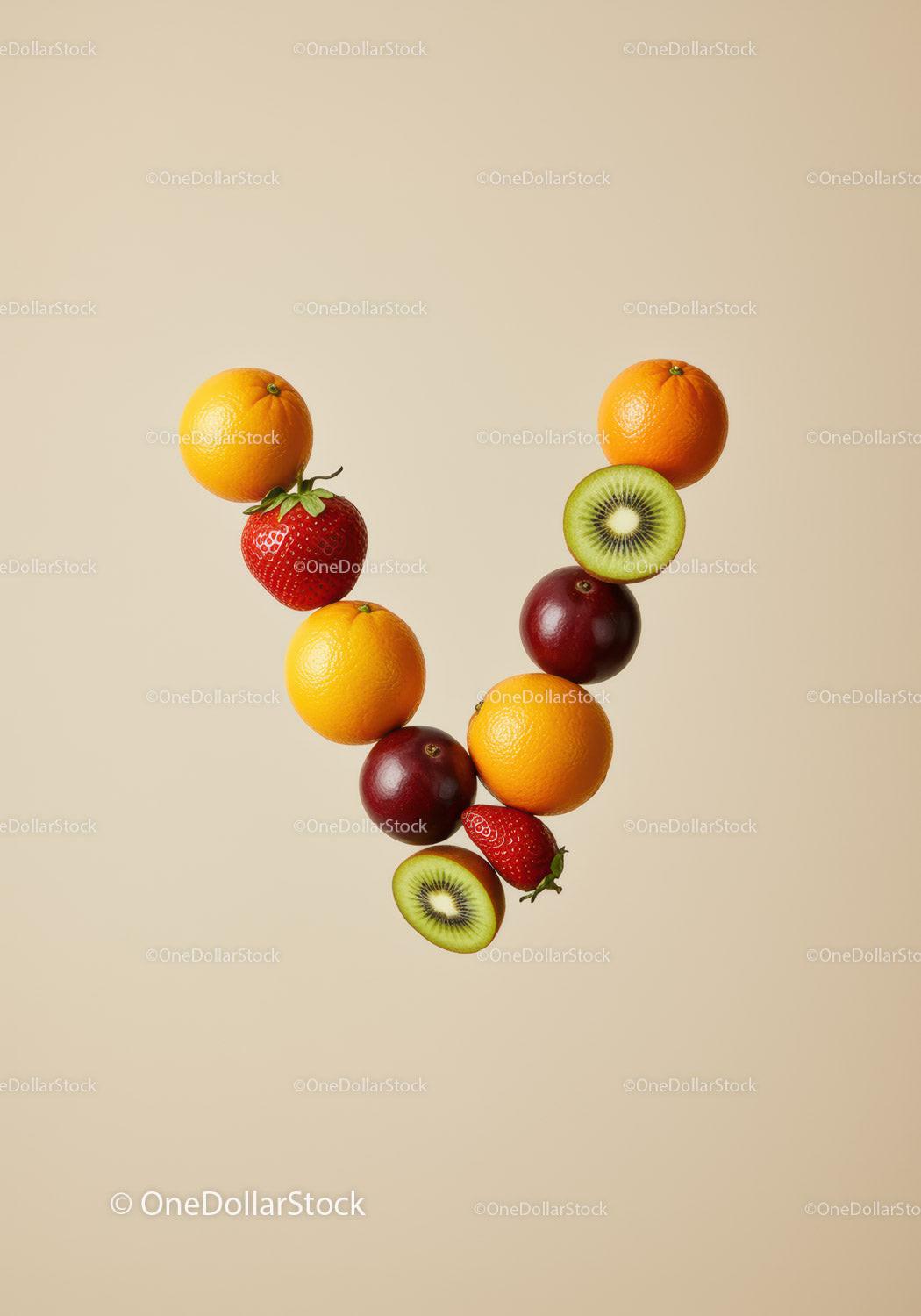 V-shaped arrangement of fresh colorful fruits on beige