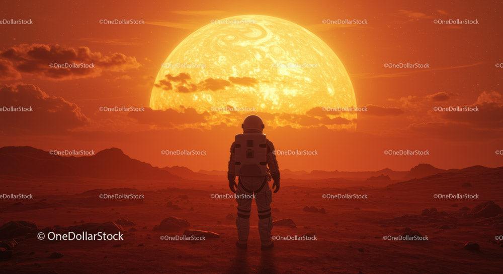 Astronaut on a Red Planet Facing a Massive Sun in a Futuristic Landscape