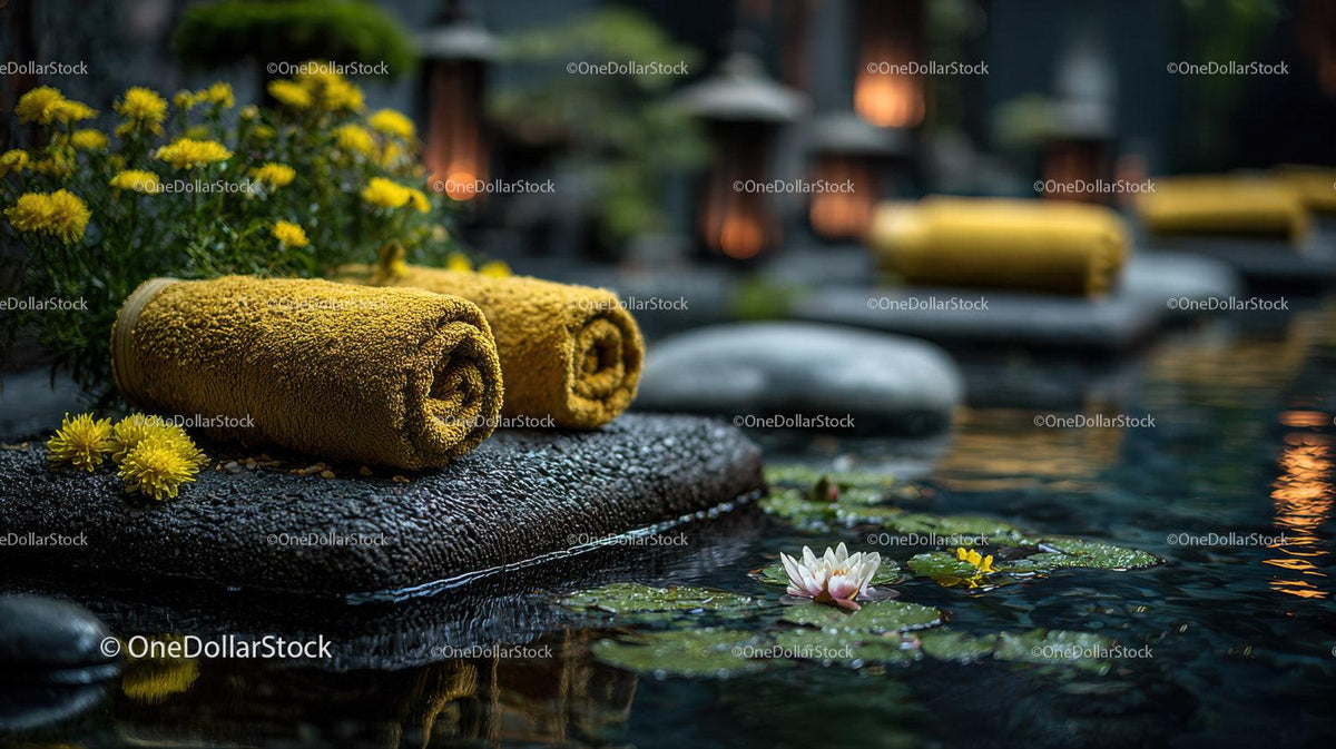 Serene Outdoor Spa Scene with Yellow Towel and Water Lilies Stock Photo Bundle preview 14