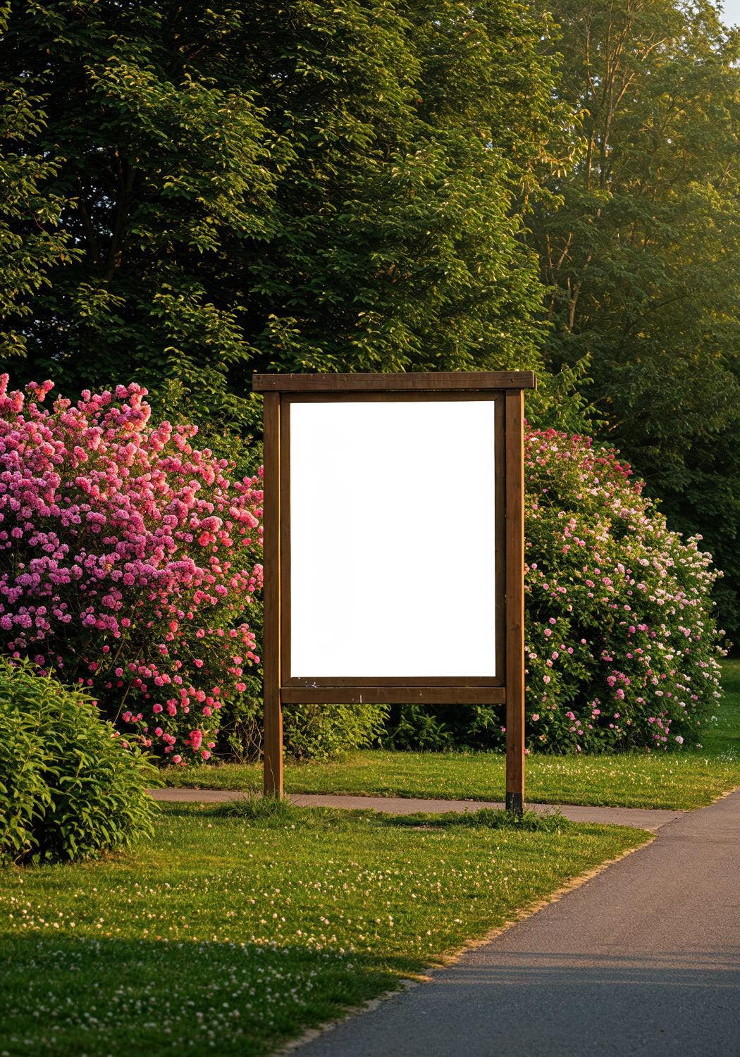 Wooden Frame Sign Among Blooming Pink Rose Bushes JPG Mockup Image preview