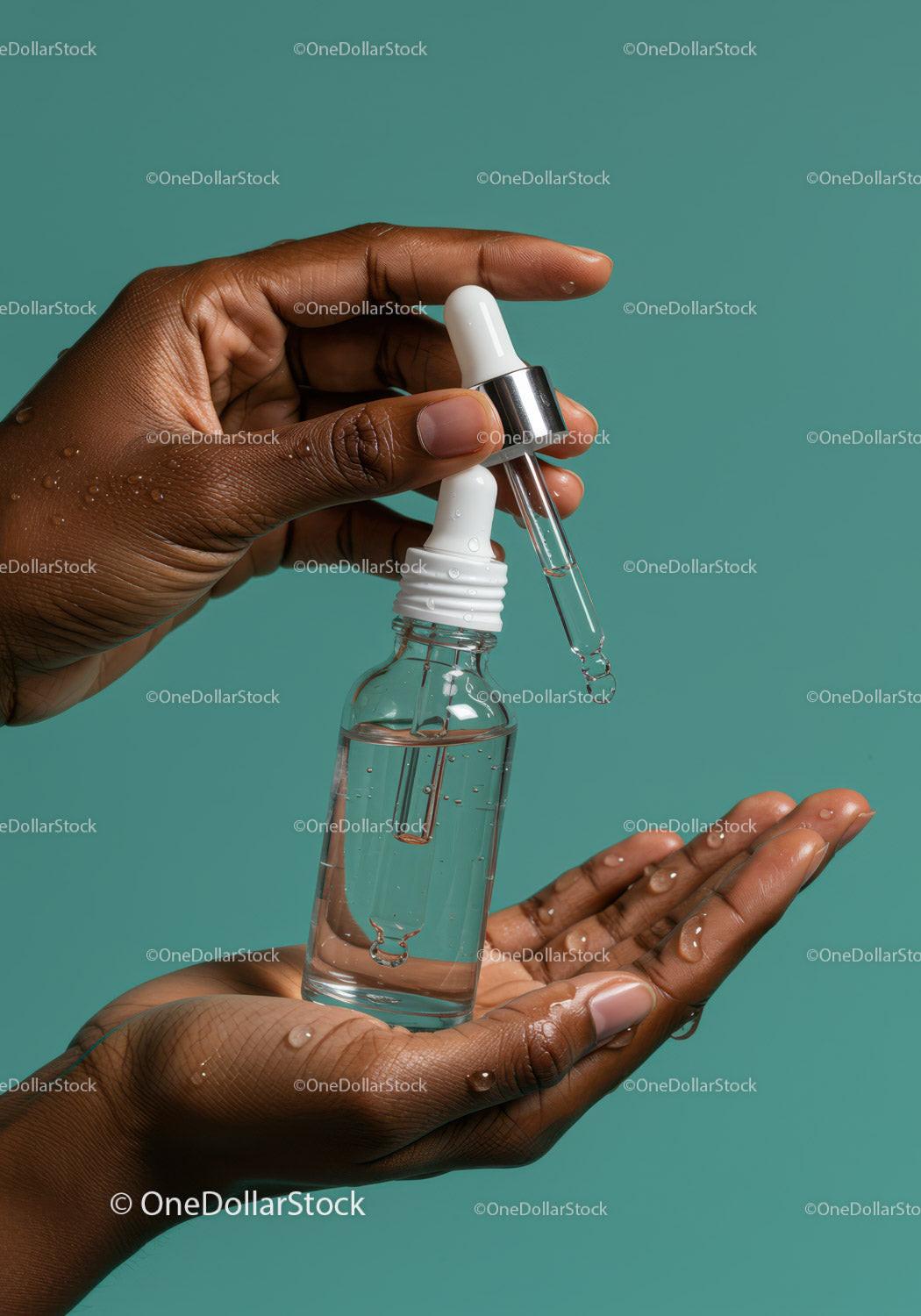 Hand Holding Glass Dropper with Liquid and Cosmetic Bottle JPG Mockup Image preview