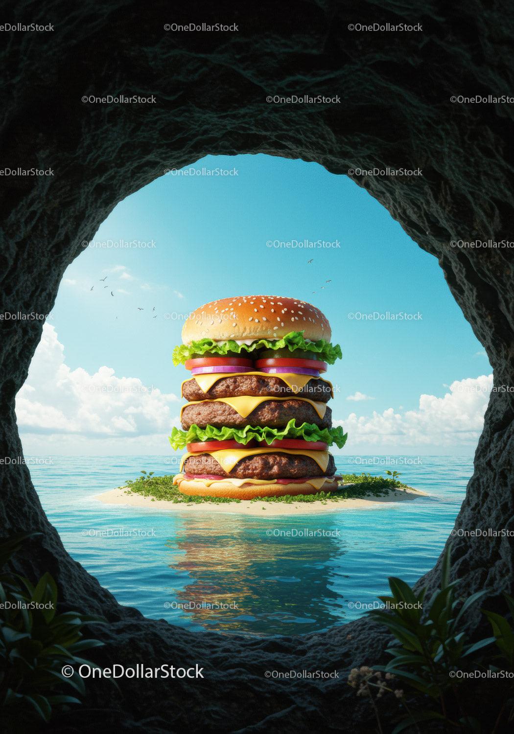 Triple cheeseburger island viewed from dark cave opening