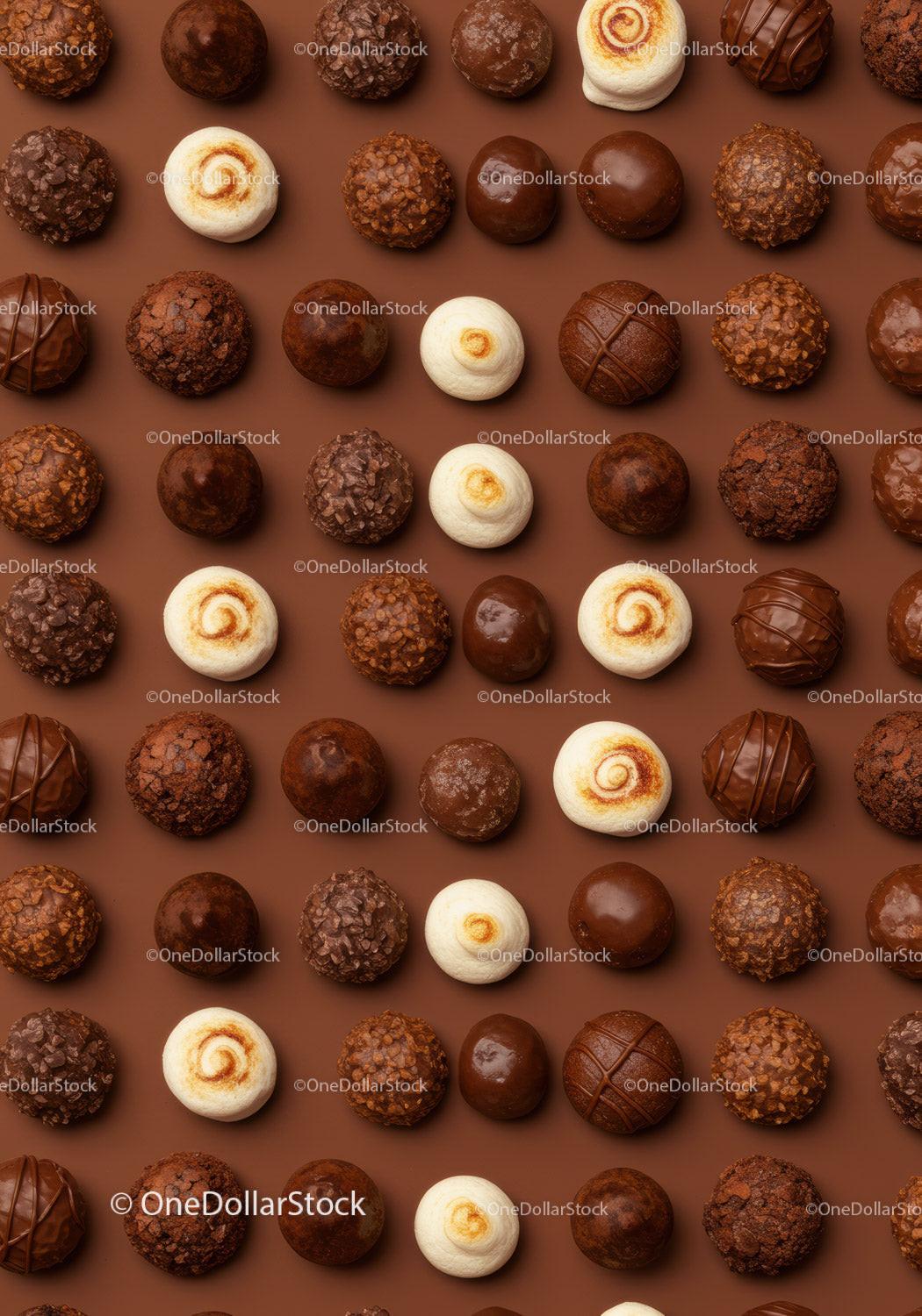 Assorted gourmet chocolate truffles on brown background