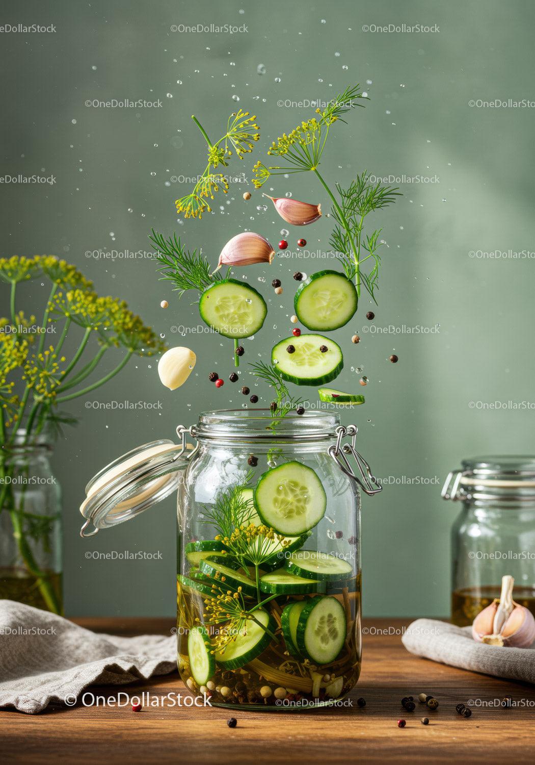 Fresh cucumber and herbs preparing for pickling jar