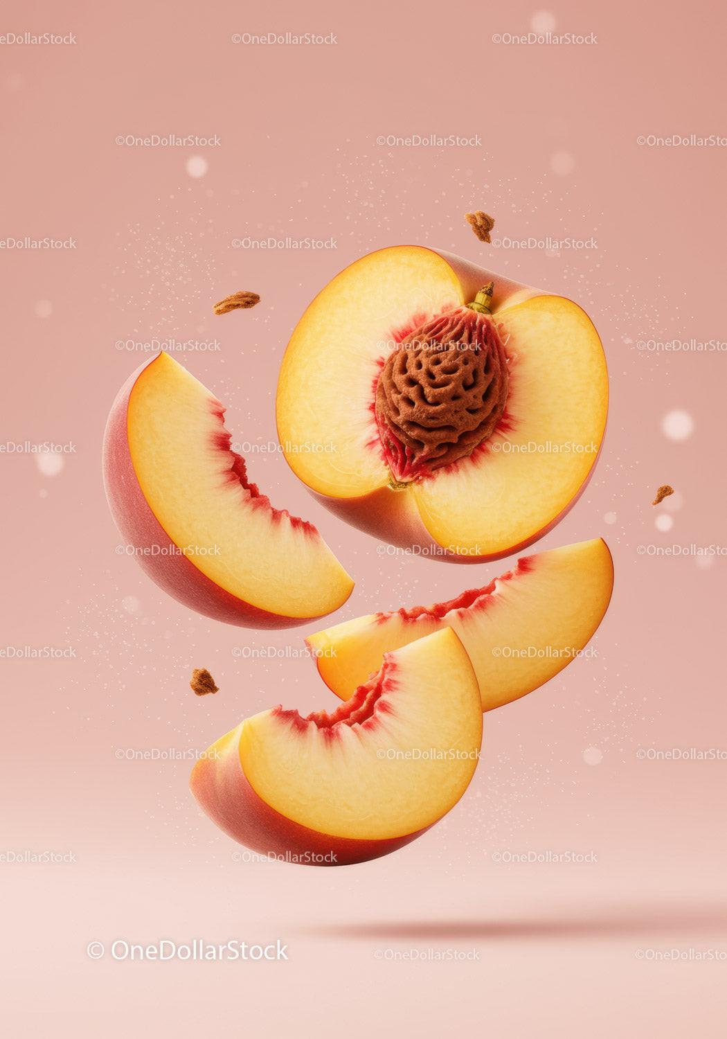 Fresh peach fruit slices floating on soft pink background