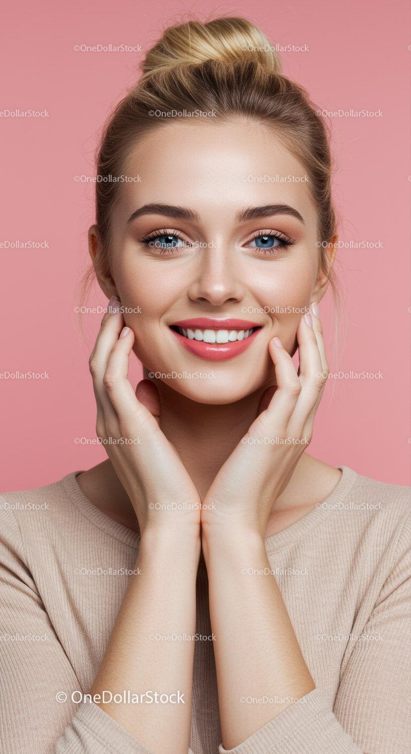 Bright Young Woman with Clear Skin and Blonde Hair Smiling in Pink Background