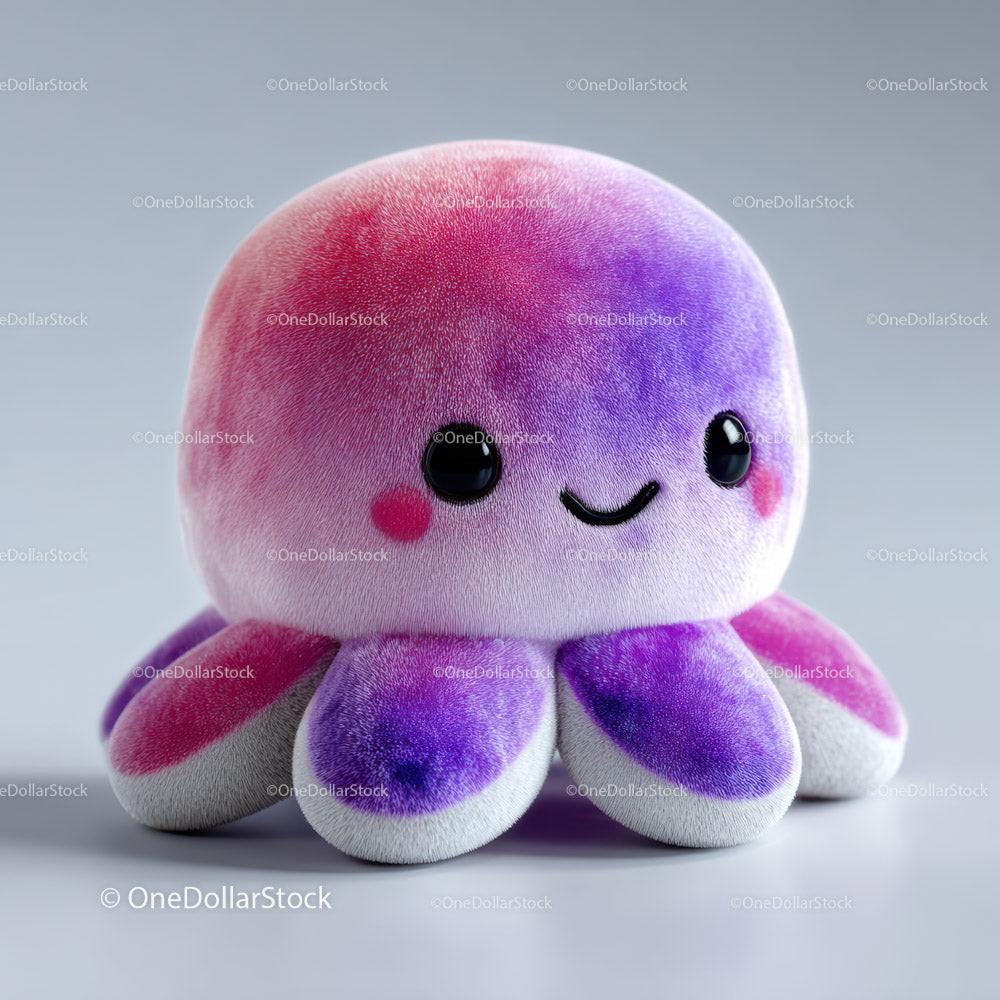Soft plush octopus toy with pink and purple gradient and smiling face on gray surface