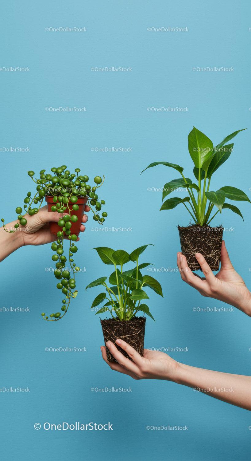 Hands holding various small potted green houseplants