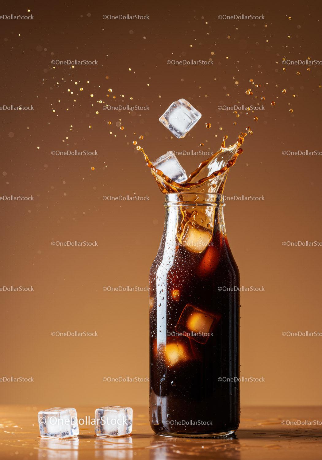 Refreshing cola splash with ice cubes in glass bottle