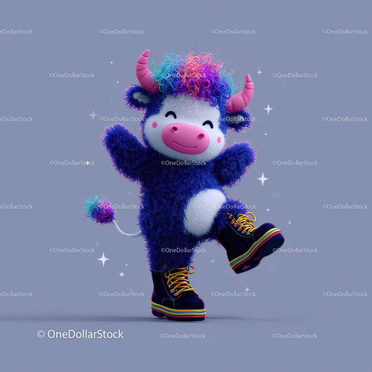 Colorful Furry Mascot with Rainbow Horns Wearing Boots and Smiling Stock Photo Bundle preview 13