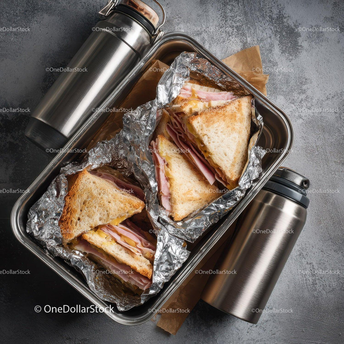 Ham and Cheese Toasted Sandwiches in Aluminum Foil with Metal Bottles