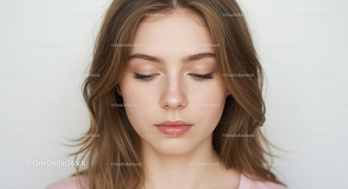 Portrait of Elegant Young Woman with Closed Eyes and Soft Makeup
