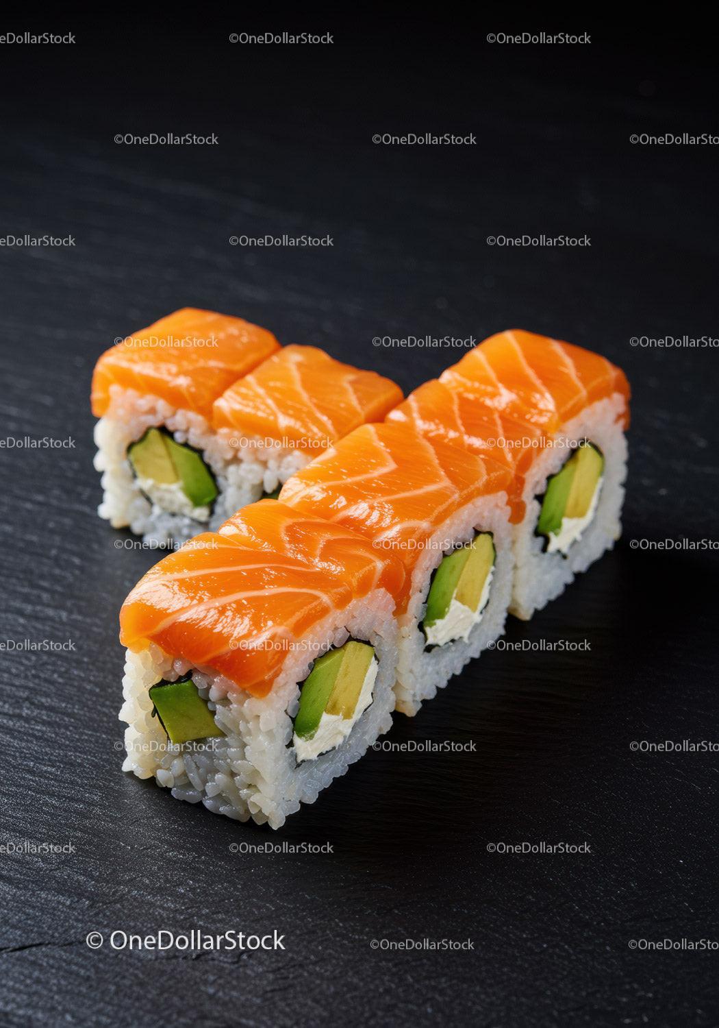 Fresh salmon avocado sushi rolls on black plate