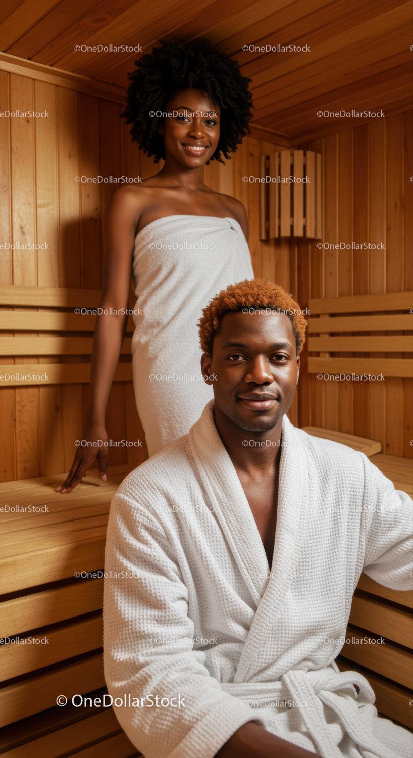 Couple Relaxing in a Wooden Sauna with Comfortable Spa Attire