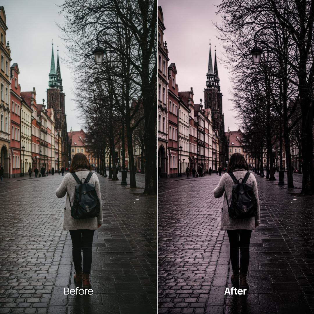 Before and after Cinematic Streets Rain LUT Pack effect
