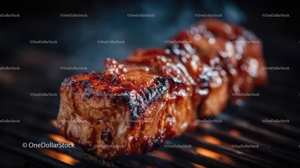 Juicy Grilled Meat Skewers with Charred Edges on Open Flame Stock Photo Bundle preview 27