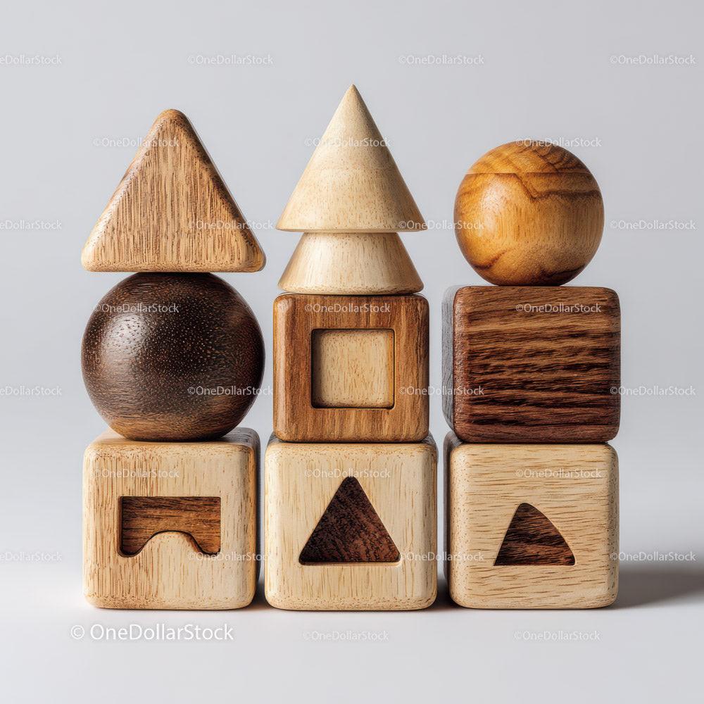 Stacked wooden blocks in cubes, spheres, and pyramids with natural wood tones